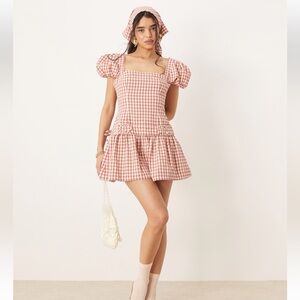 NWT For Love & Lemons Georgia gingham puff sleeve mini dress in white and pink